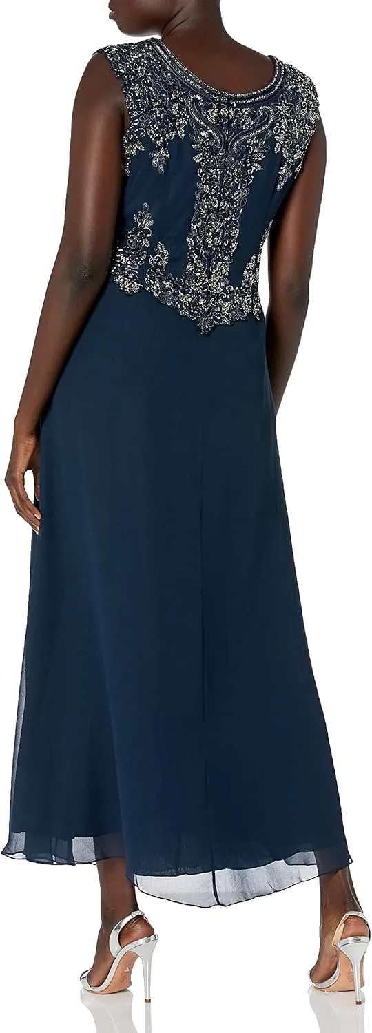 J Kara Women's Petite Cap Sleeve Beaded Top Long Dress