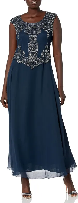 J Kara Women's Petite Cap Sleeve Beaded Top Long Dress