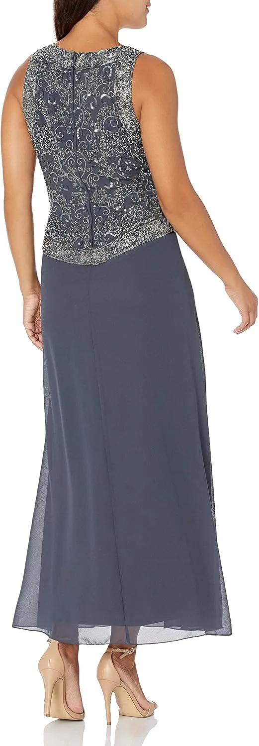 J Kara Women's Petite Embellished Top Mock 2 Piece Dress with Scarf
