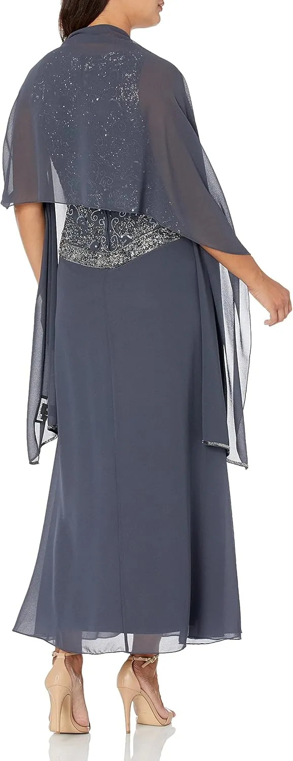 J Kara Women's Petite Embellished Top Mock 2 Piece Dress with Scarf