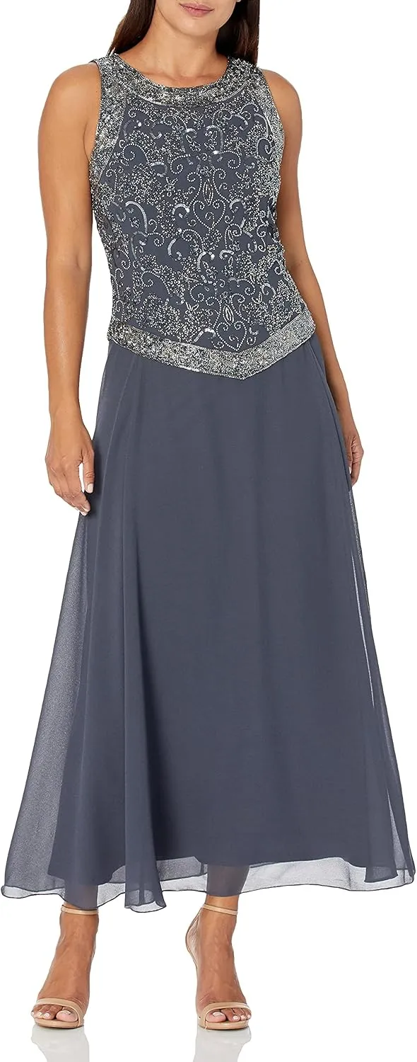J Kara Women's Petite Embellished Top Mock 2 Piece Dress with Scarf