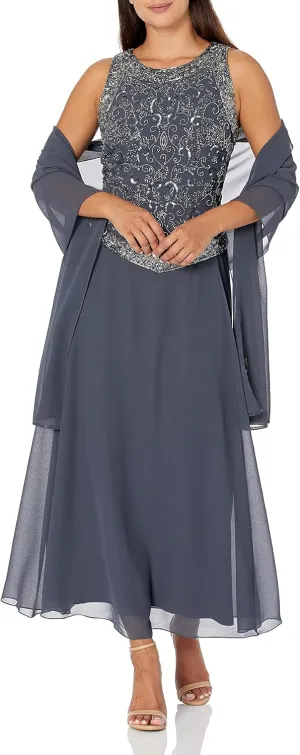 J Kara Women's Petite Embellished Top Mock 2 Piece Dress with Scarf