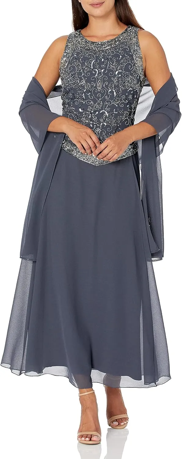 J Kara Women's Petite Embellished Top Mock 2 Piece Dress with Scarf