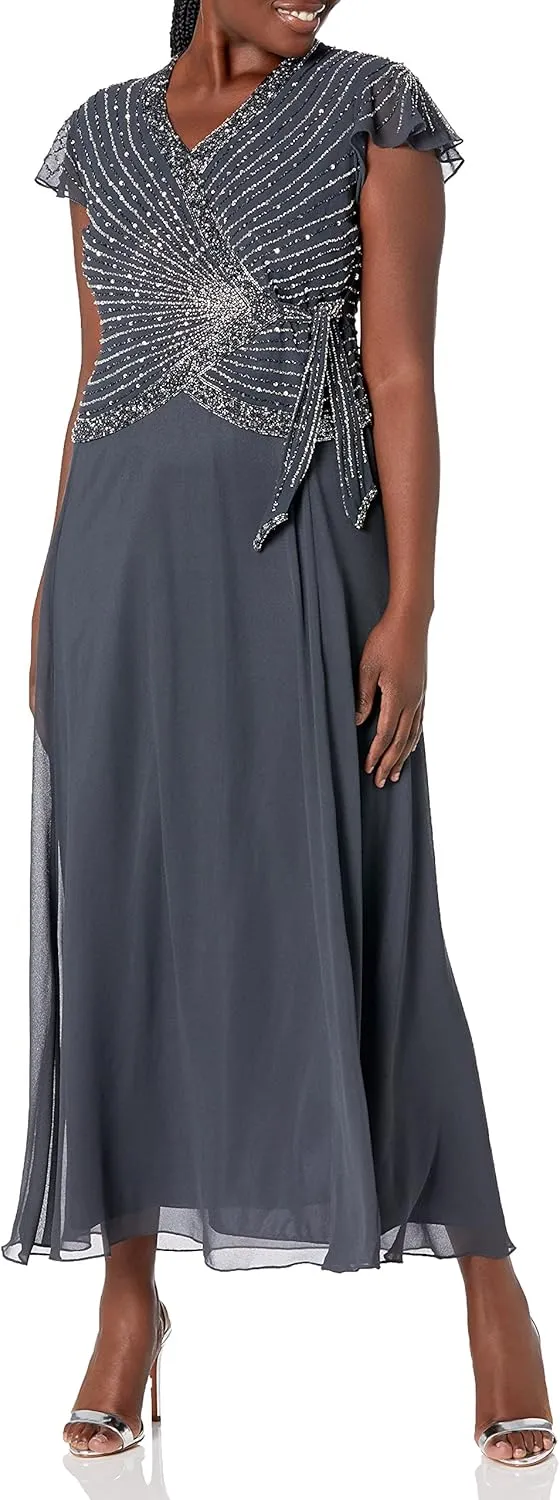 J Kara Women's Petite Faux Wrap Long Dress W/Flutter Sleeve