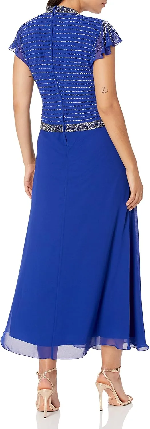 J Kara Women's Petite Faux Wrap Long Dress W/Flutter Sleeve