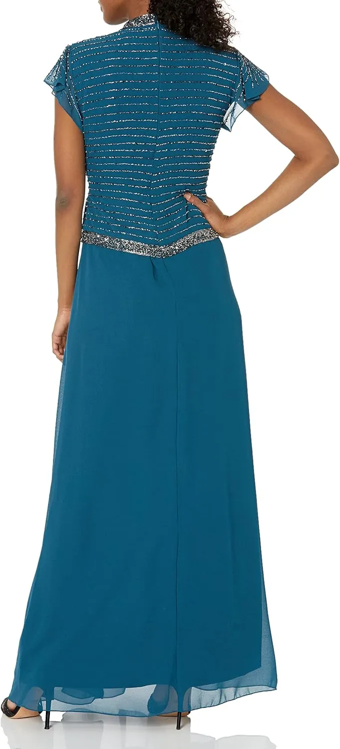 J Kara Women's Petite Faux Wrap Long Dress W/Flutter Sleeve