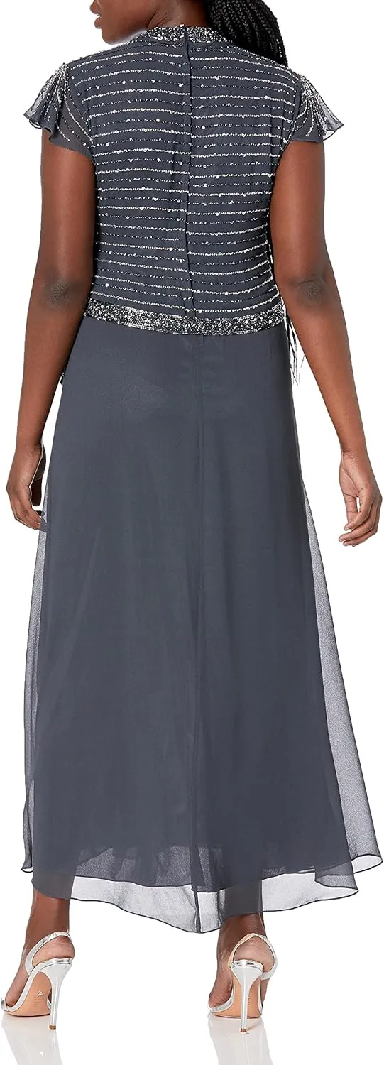 J Kara Women's Petite Faux Wrap Long Dress W/Flutter Sleeve
