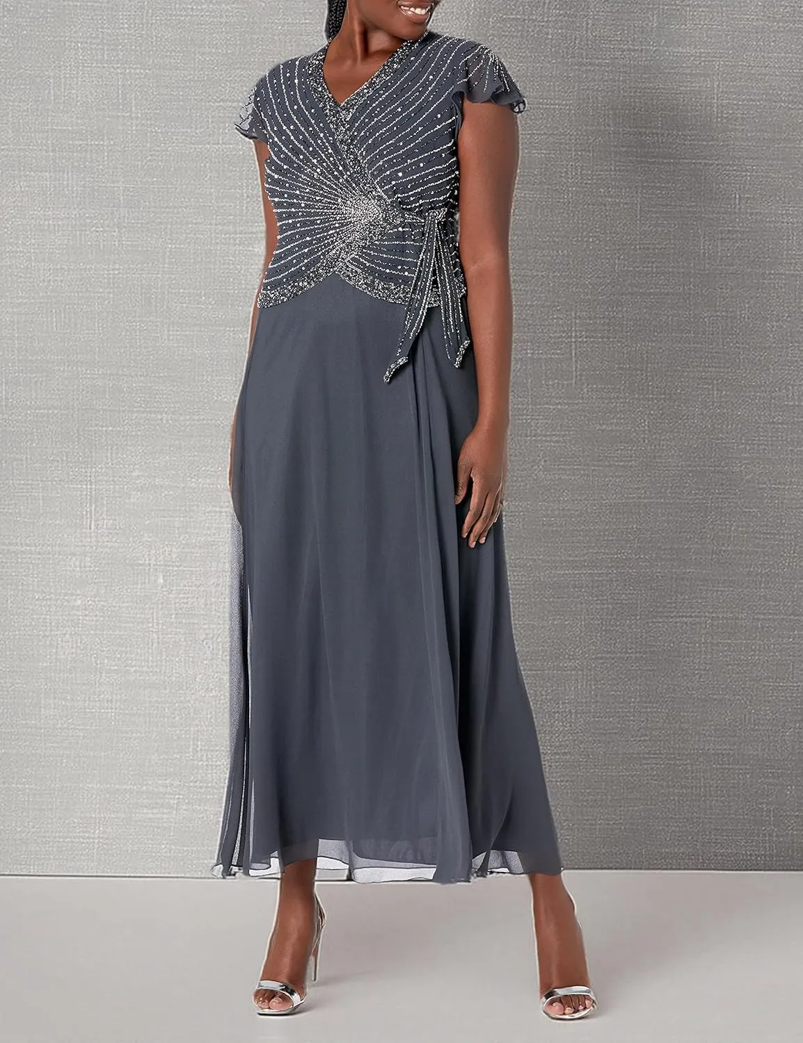 J Kara Women's Petite Faux Wrap Long Dress W/Flutter Sleeve