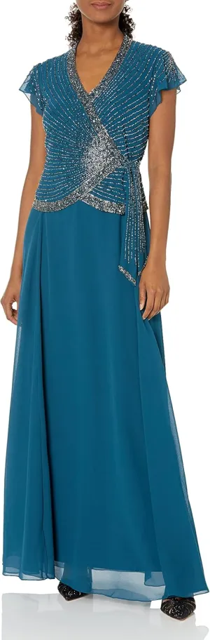 J Kara Women's Petite Faux Wrap Long Dress W/Flutter Sleeve