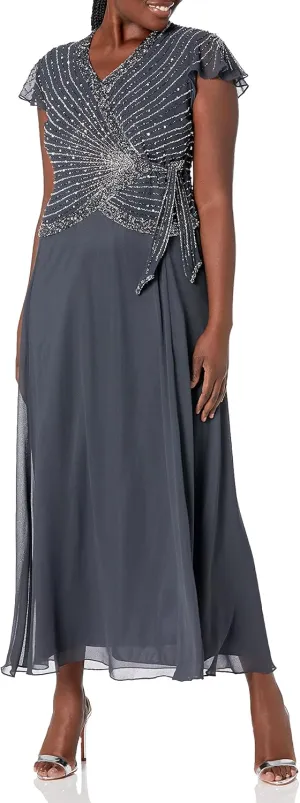 J Kara Women's Petite Faux Wrap Long Dress W/Flutter Sleeve