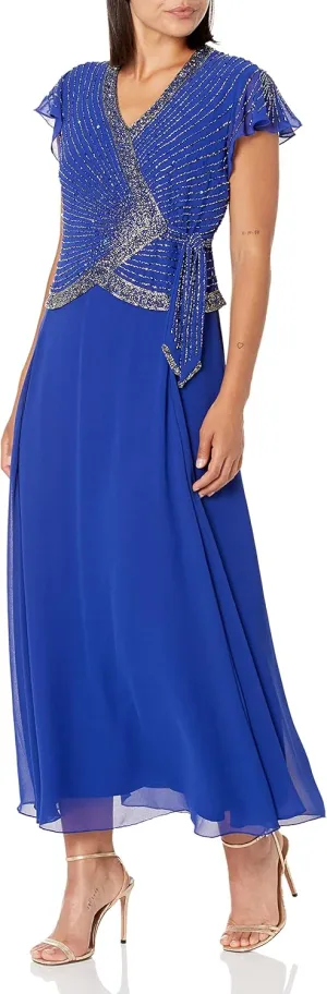 J Kara Women's Petite Faux Wrap Long Dress W/Flutter Sleeve