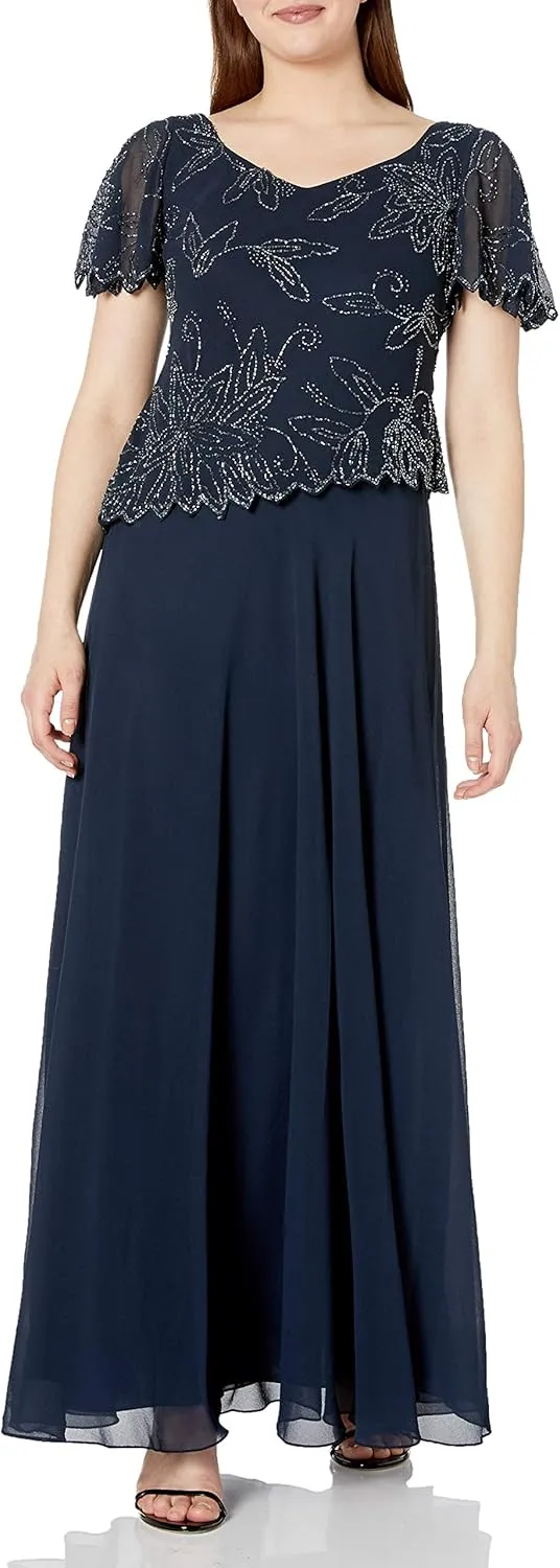 J Kara Women's Petite Flutter Sleeve Beaded Long Dress