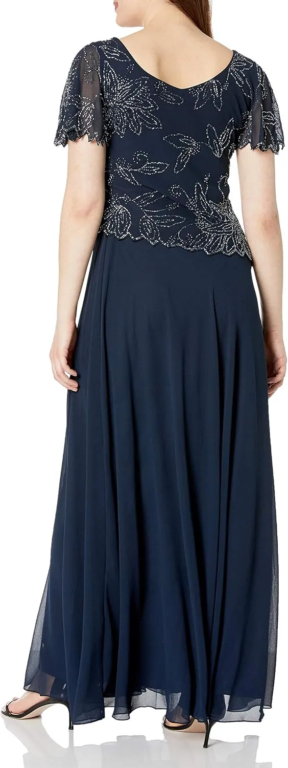 J Kara Women's Petite Flutter Sleeve Beaded Long Dress