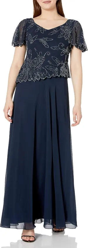 J Kara Women's Petite Flutter Sleeve Beaded Long Dress