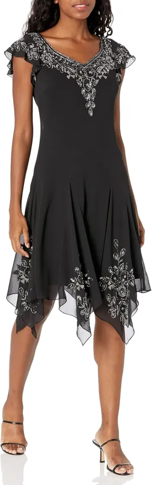 J Kara Women's Petite Flutter Sleeve Short Hanky Hem Cocktail Dress