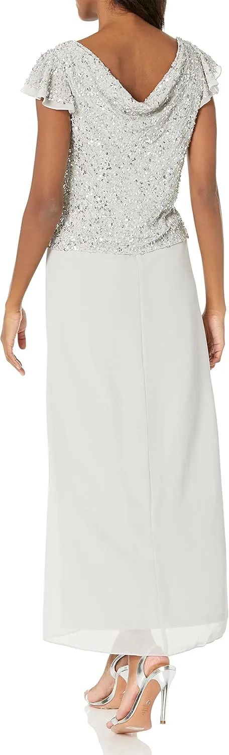 J Kara Women's Petite Long Beaded Cowl Neck Flutter Sleeve Gown