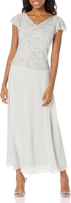 J Kara Women's Petite Long Beaded Cowl Neck Flutter Sleeve Gown