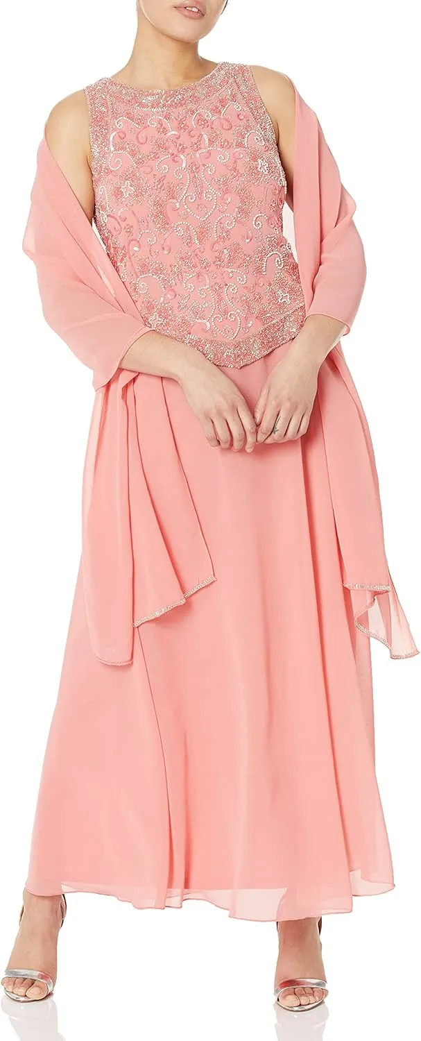 J Kara Women's Petite Long Beaded V Trim Detail Gown with Scarf