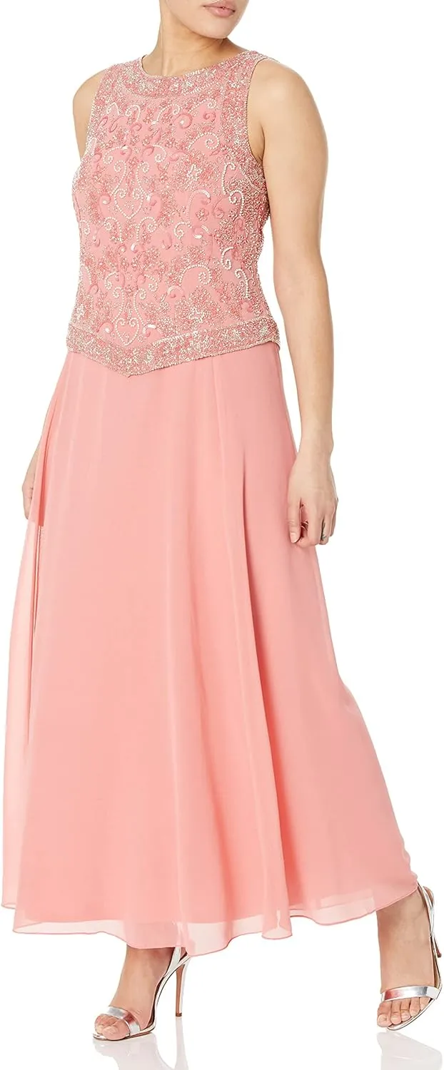 J Kara Women's Petite Long Beaded V Trim Detail Gown with Scarf