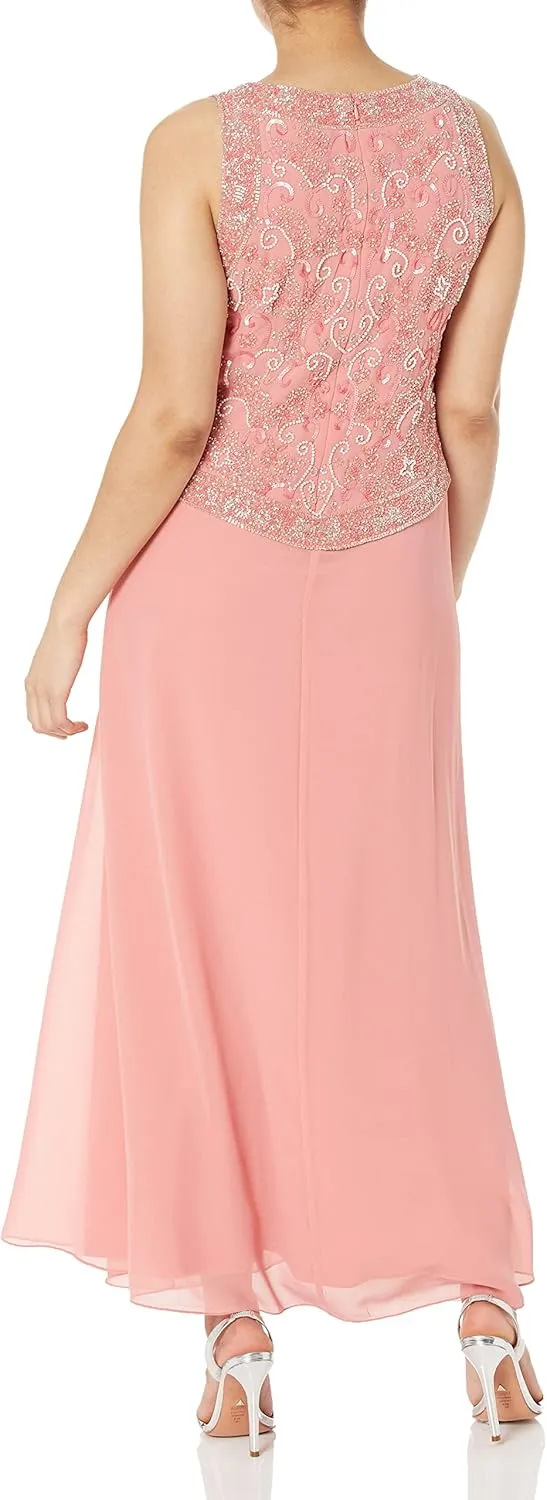 J Kara Women's Petite Long Beaded V Trim Detail Gown with Scarf
