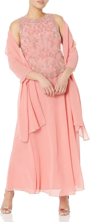 J Kara Women's Petite Long Beaded V Trim Detail Gown with Scarf