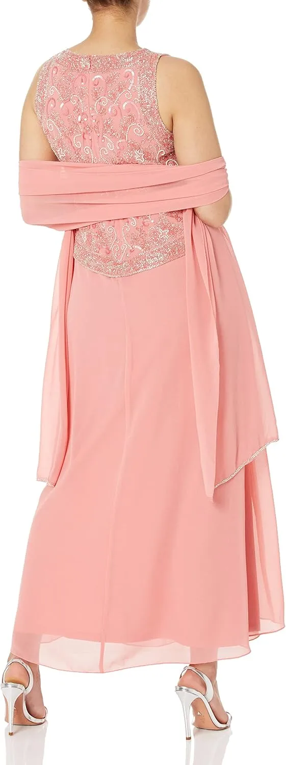 J Kara Women's Petite Long Beaded V Trim Detail Gown with Scarf