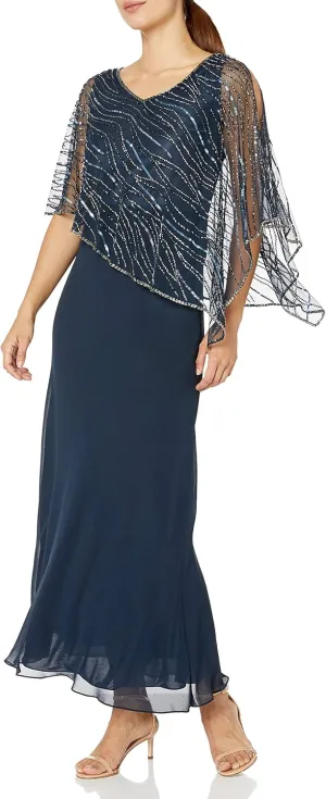 J Kara Women's Petite Pop Over Long Beaded Dress, Navy/Multi, 6P
