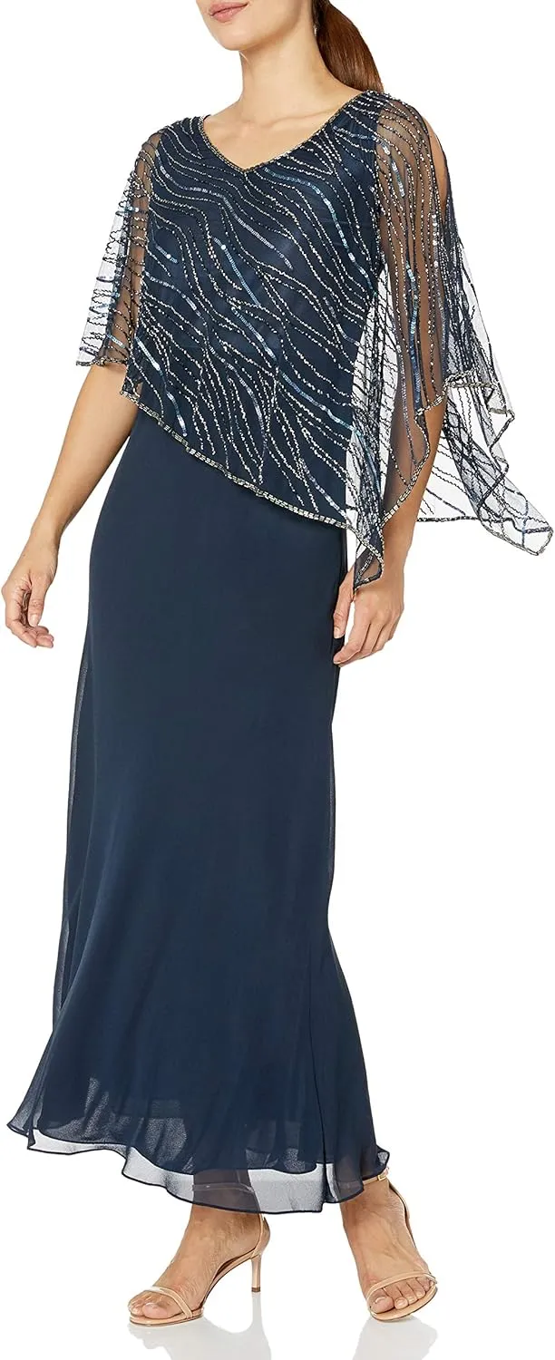 J Kara Women's Petite Pop Over Long Beaded Dress, Navy/Multi, 6P