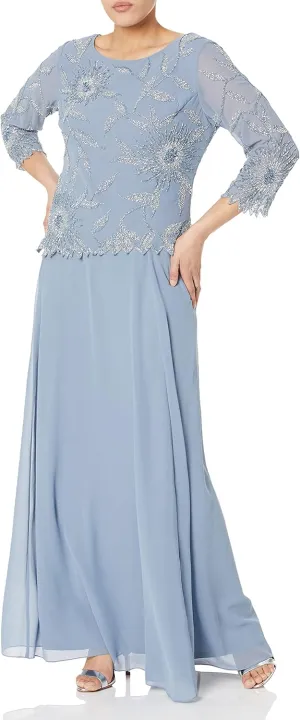 J Kara Women's Petite Scoop Neck Line with 3/4 Sleeve Beaded Top Long Dress