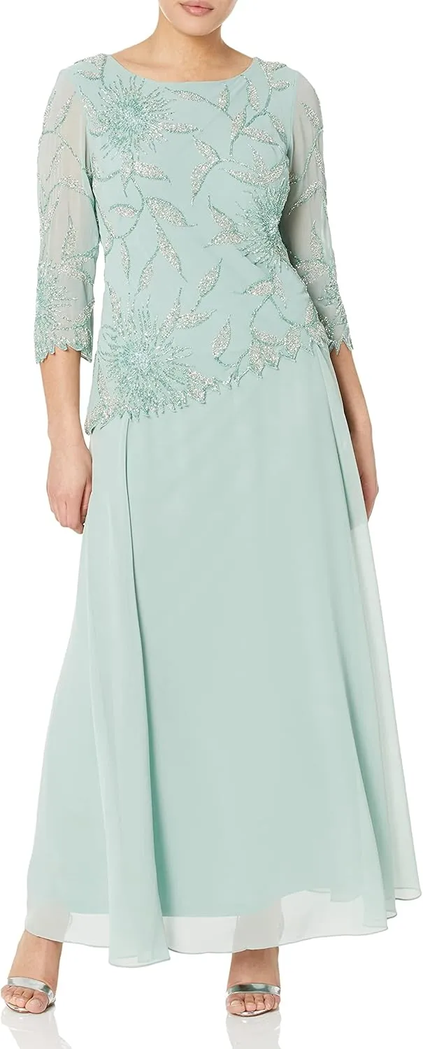 J Kara Women's Petite Scoop Neck Line with 3/4 Sleeve Beaded Top Long Dress