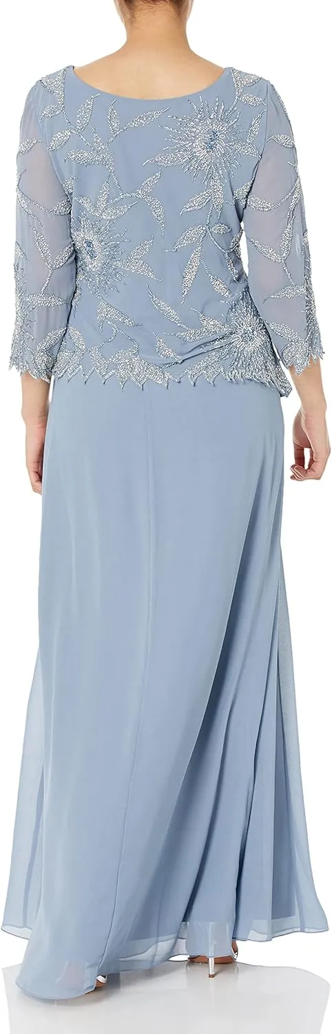 J Kara Women's Petite Scoop Neck Line with 3/4 Sleeve Beaded Top Long Dress