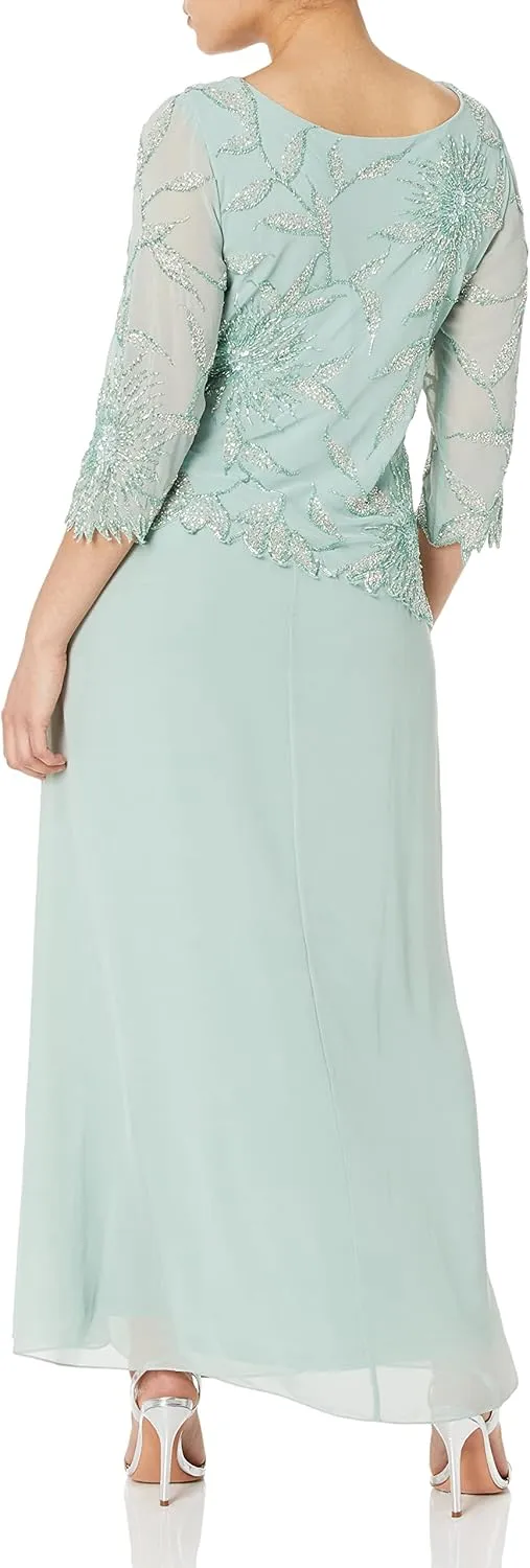 J Kara Women's Petite Scoop Neck Line with 3/4 Sleeve Beaded Top Long Dress