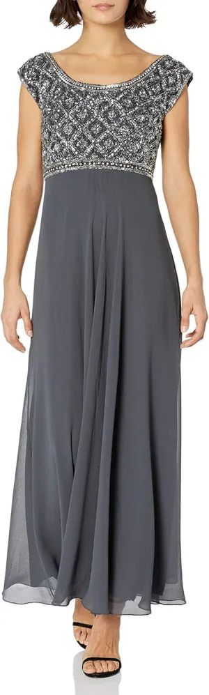 J Kara Women's Petite Short Sleeve Beaded Top Long Dress