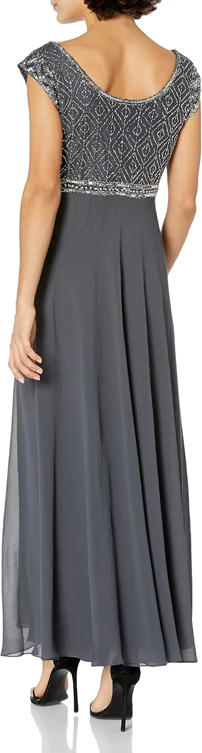 J Kara Women's Petite Short Sleeve Beaded Top Long Dress