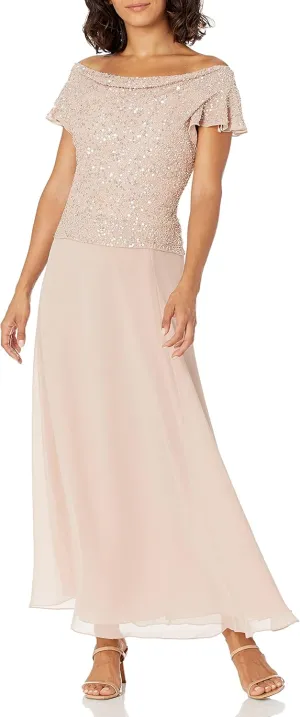 J Kara Women's Petite Short Sleeve Long All Over Beaded Dress