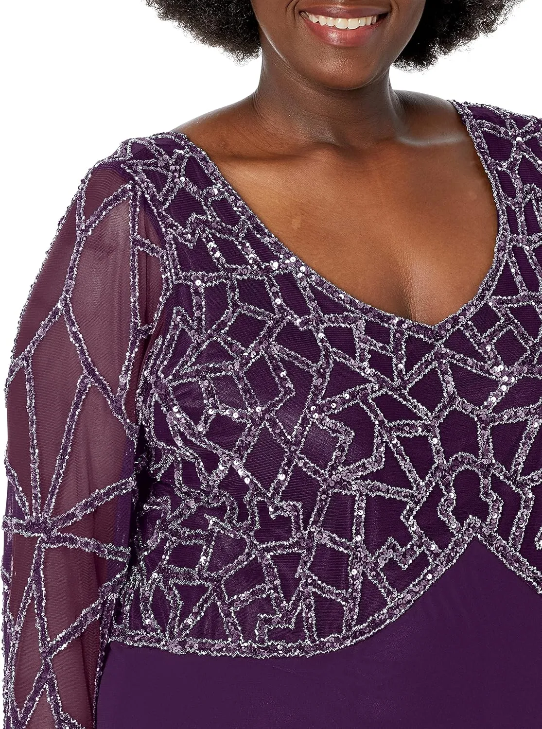 J Kara Women's Plus Size 3/4 Sleeve Geo Beaded Gown