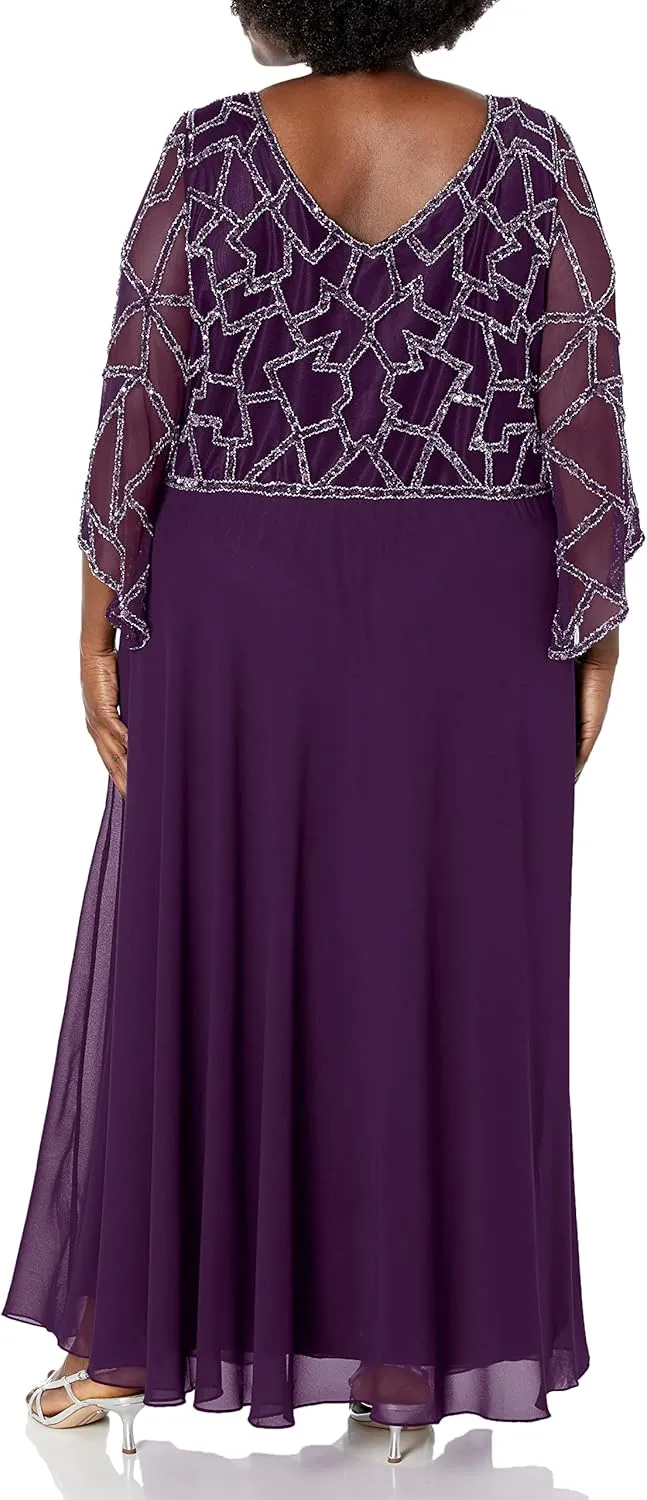 J Kara Women's Plus Size 3/4 Sleeve Geo Beaded Gown