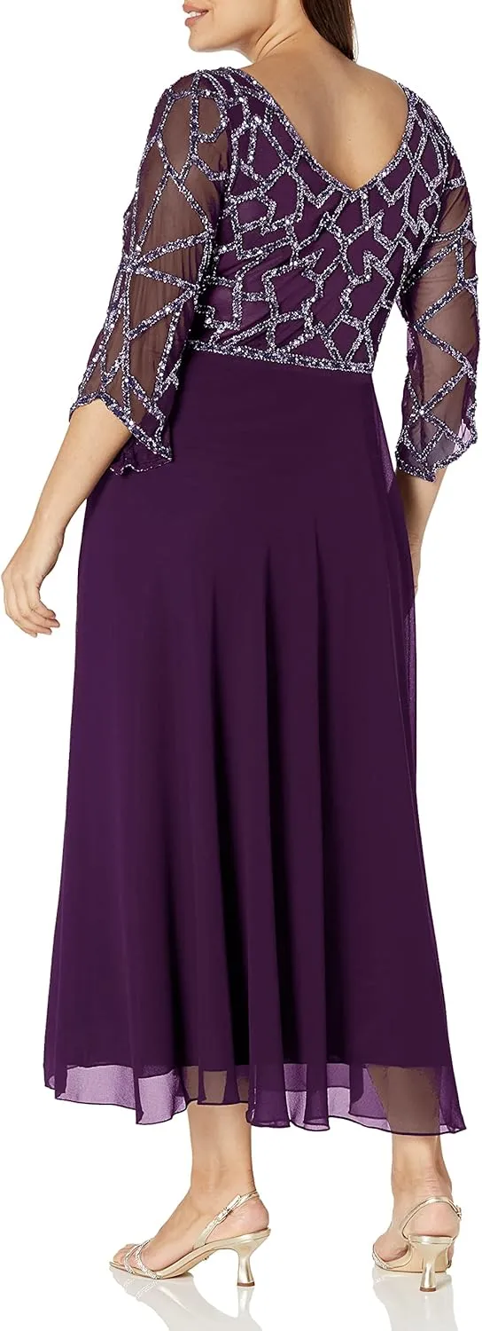 J Kara Women's Plus Size 3/4 Sleeve Geo Beaded Gown