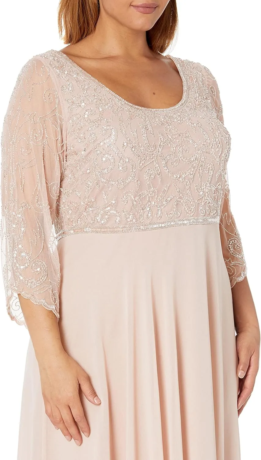 J Kara Women's Plus Size 3/4 Sleeve V-Neck Beaded Top Long Gown