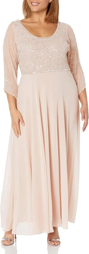 J Kara Women's Plus Size 3/4 Sleeve V-Neck Beaded Top Long Gown
