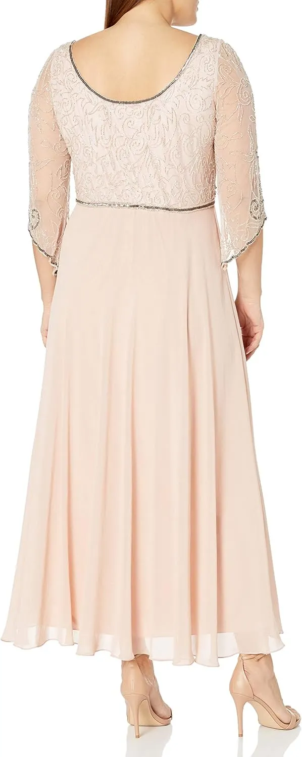 J Kara Women's Plus Size 3/4 Sleeve V-Neck Beaded Top Long Gown