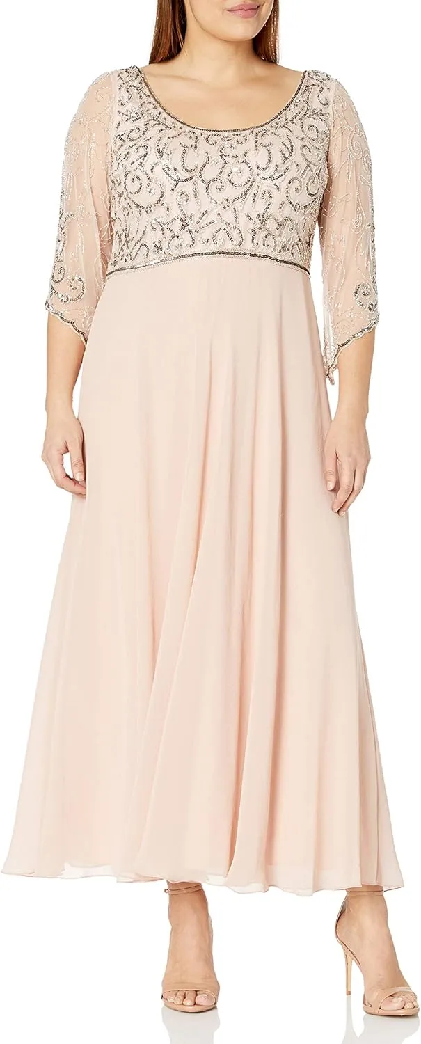 J Kara Women's Plus Size 3/4 Sleeve V-Neck Beaded Top Long Gown