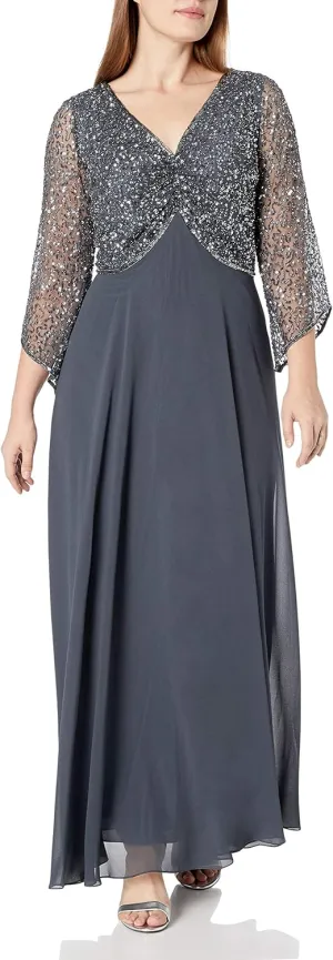 J Kara Women's Plus Size 3/4 Sleeve V-Neck Beaded Top Long Gown