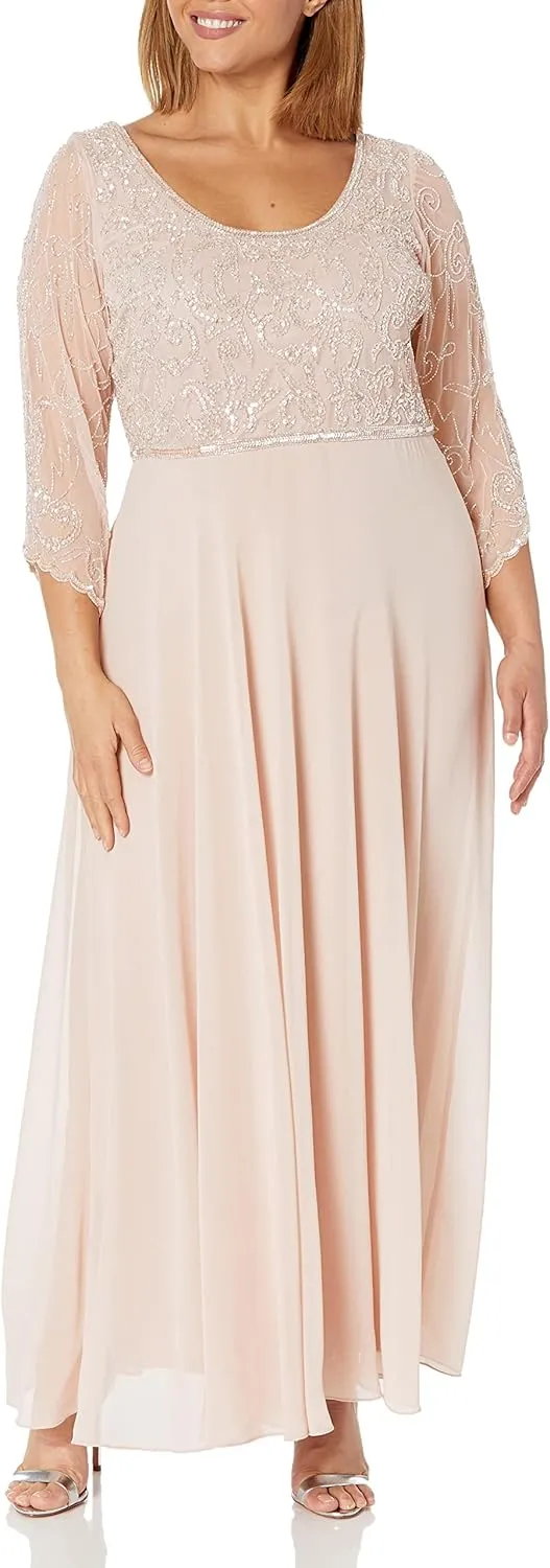 J Kara Women's Plus Size 3/4 Sleeve V-Neck Beaded Top Long Gown
