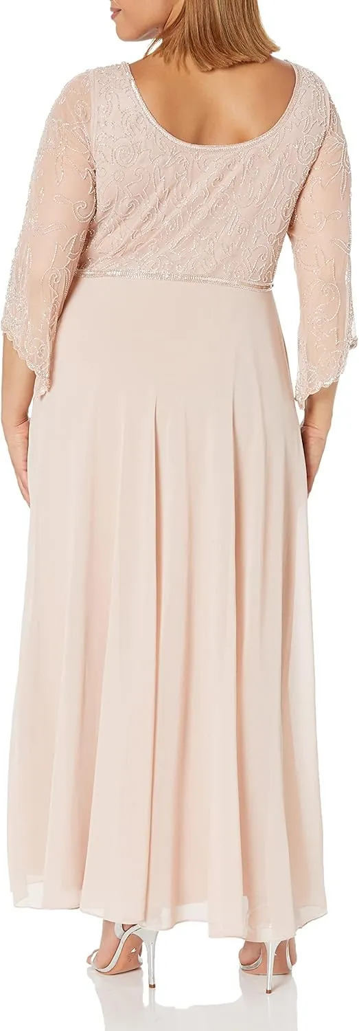 J Kara Women's Plus Size 3/4 Sleeve V-Neck Beaded Top Long Gown