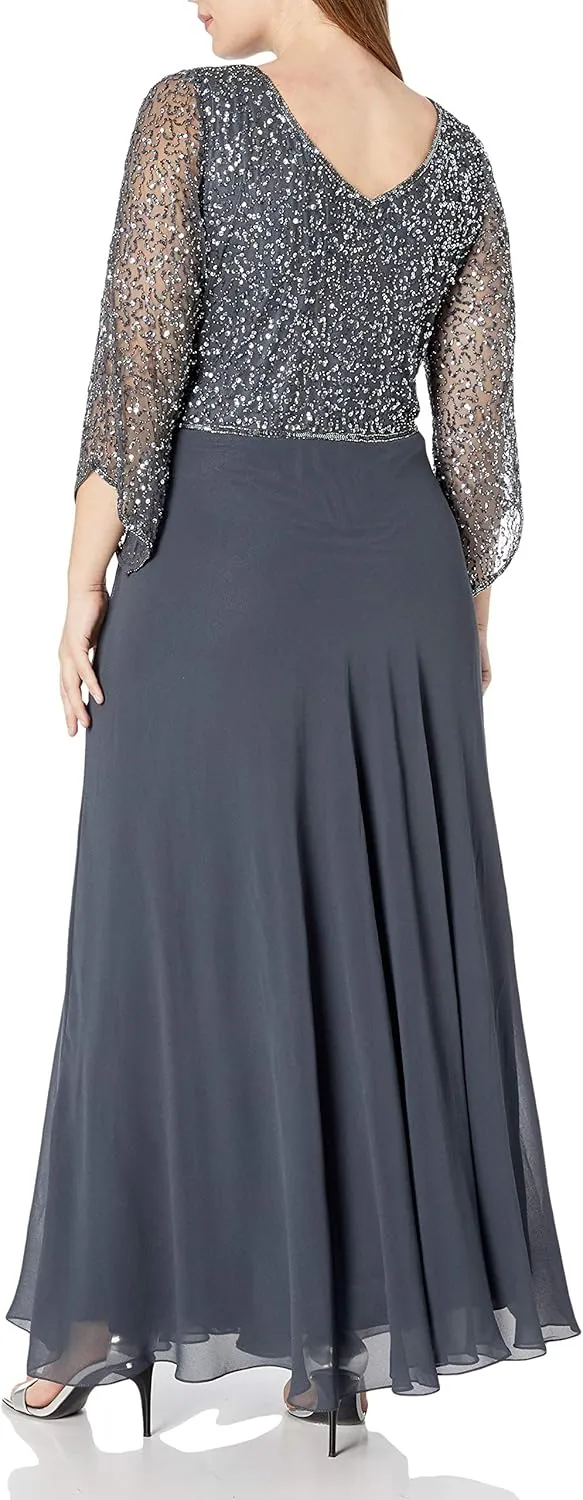 J Kara Women's Plus Size 3/4 Sleeve V-Neck Beaded Top Long Gown