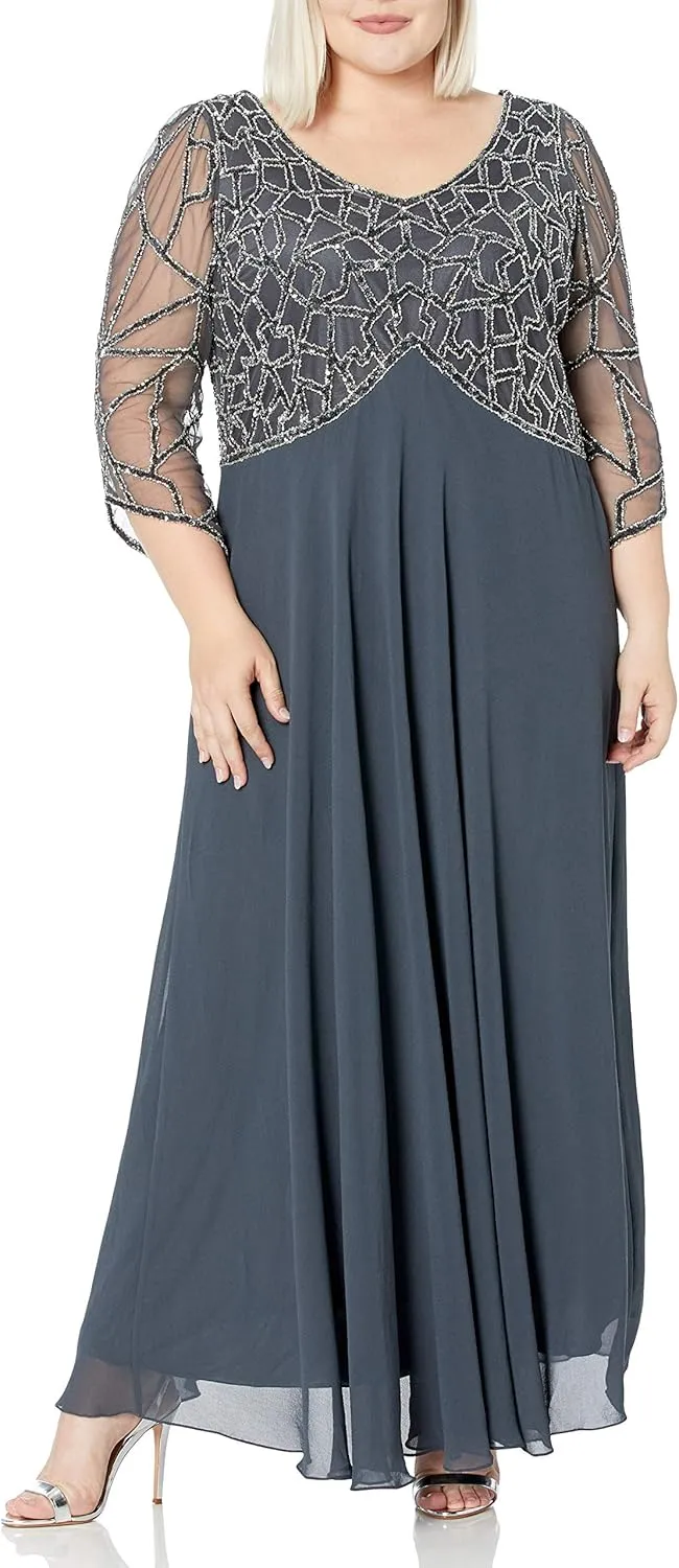 J Kara Women's Plus Size 3/4 Sleeve V-Neck Geometrical Beaded Long Dress