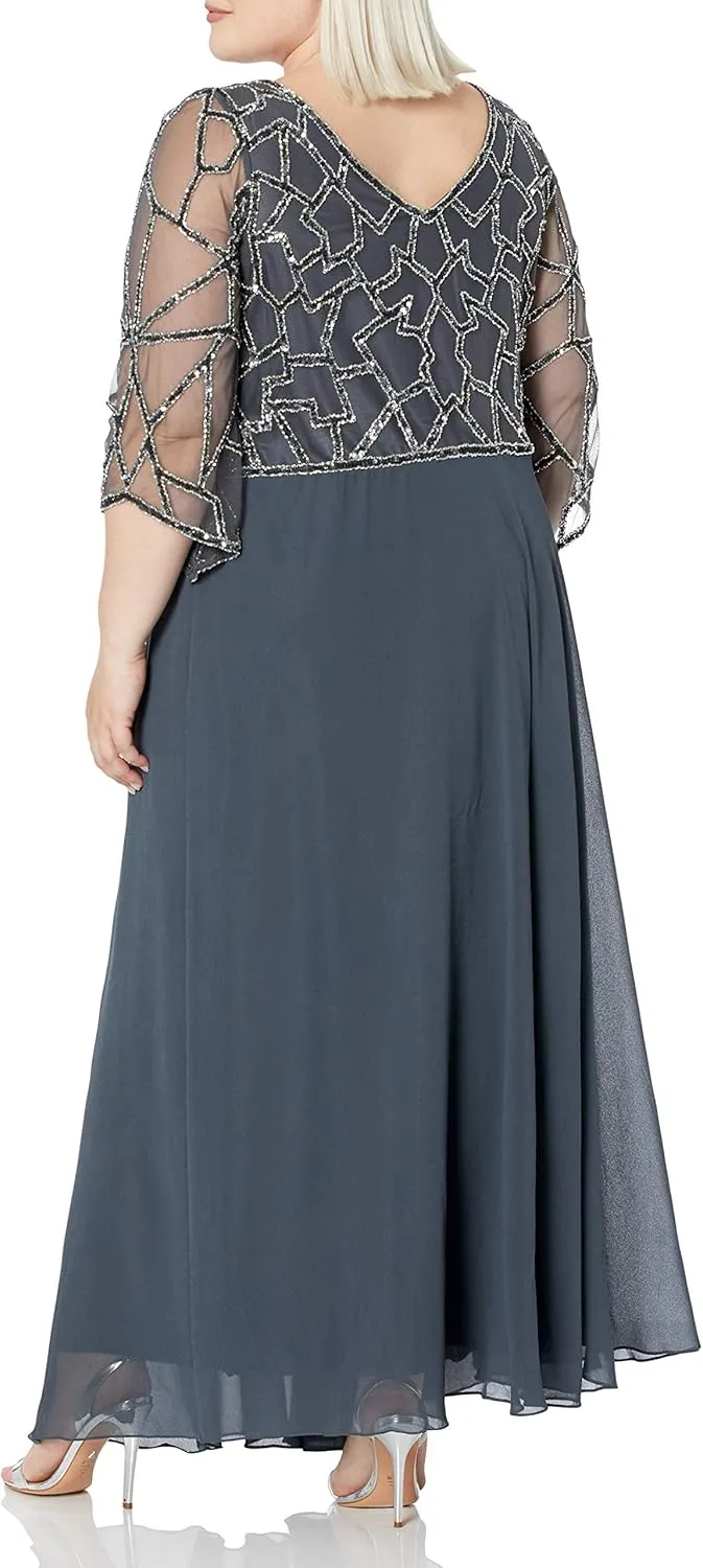 J Kara Women's Plus Size 3/4 Sleeve V-Neck Geometrical Beaded Long Dress
