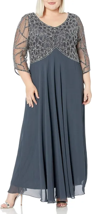 J Kara Women's Plus Size 3/4 Sleeve V-Neck Geometrical Beaded Long Dress