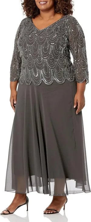 J Kara Women's Plus Size 3/4 Sleeve with Scallop Beaded Pop Over Gown